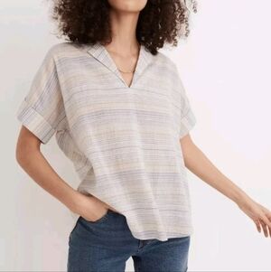 Madewell Crinkle Hayden Popover Striped Top Short Sleeve High Low V Neck sz S